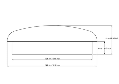 technical drawing of 25 mm mushroom button plug with dimensions