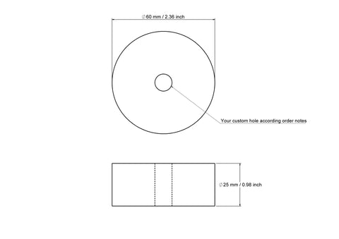 tehniline joonis: 60 × 25 mm puidust silindrid