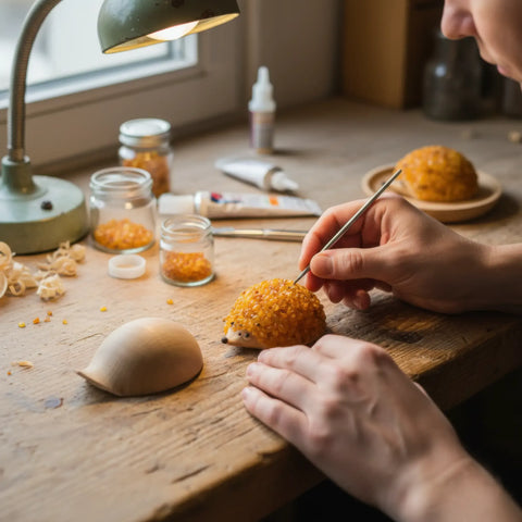 Holz hedgehog Figuren dekoriert mit klein amber pieces