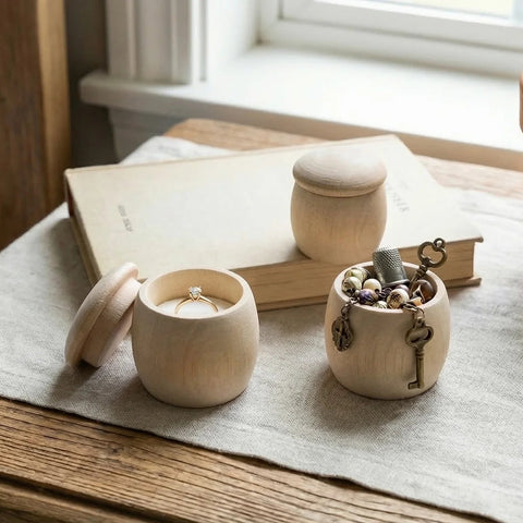 35 x 40 mm birch wood round trinket boxes with decorative elements on a table next to a book.