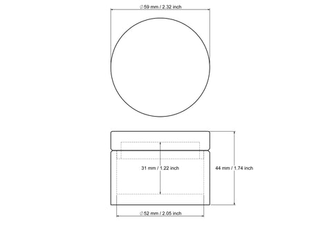 tehniline joonis: 59 x 44 mm puidust ümar ehtekarp