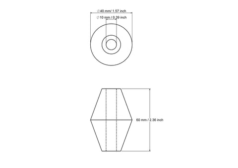 technische Zeichnung: 40 x 60 mm Doppelkegel gedrechselte Holzperlen