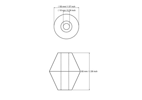 technische Zeichnung: 50 x 60 mm Doppelkegel gedrechselte Holzperlen
