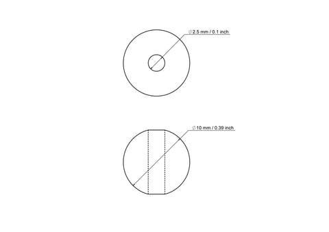 technical drawing of 10 mm birch wood bead with 2.5 mm hole