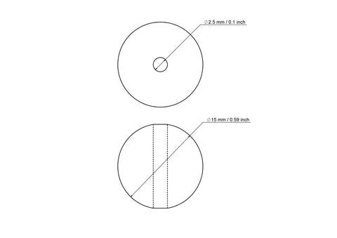 tehniskais rasējums: 15 mm bērza koka pērles ar 2,5 mm hole