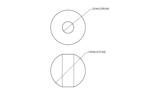 Technical drawing of 18 mm birch wood bead with 6 mm hole