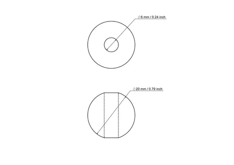 Technical drawing of 20 mm birch wood bead with 6 mm hole