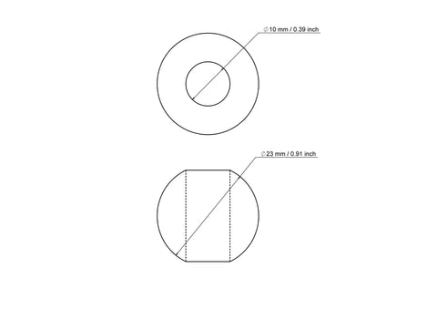Technical drawing of 23 mm birch wood bead with 10 mm hole