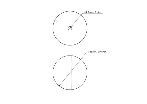 Technical drawing of 23 mm birch wood bead with 2.5 mm hole
