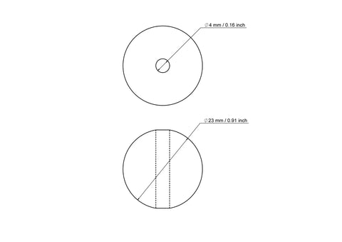 Technical drawing of 23 mm birch wood bead with 4 mm hole