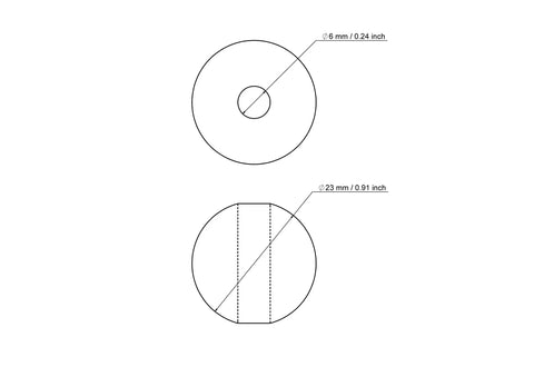 Technical drawing of 23 mm birch wood bead with 6 mm hole