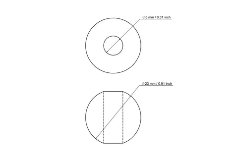 Technical drawing of 23 mm birch wood bead with 8 mm hole
