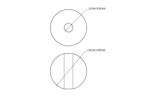Technical drawing of 25 mm birch wood bead with 6 mm hole