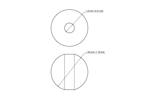 Technical drawing of 30 mm birch wood bead with 8 mm hole