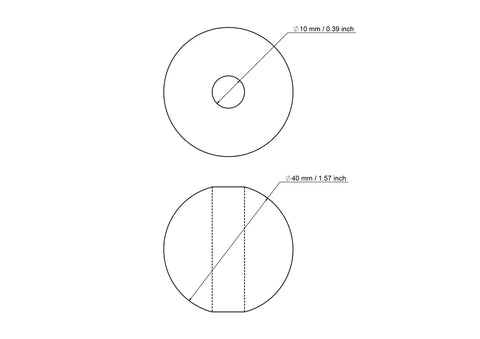 Technical drawing of 40 mm birch wood bead with 10 mm hole