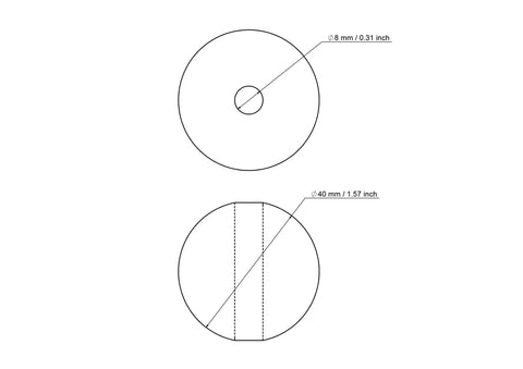 Technical drawing of 40 mm birch wood bead with 8 mm hole