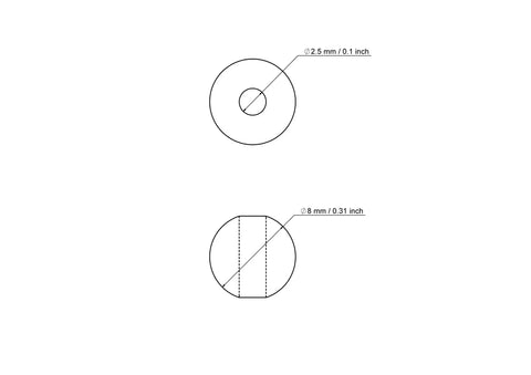 tehniskais rasējums: 8 mm bērza koka pērles ar 2,5 mm hole