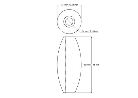 technische Zeichnung: 13 x 30 mm Holz Walzenperlen mit 4 mm hole