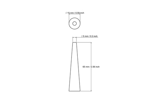 Technical drawing of 15 x 65 mm turned wooden cone