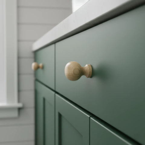 37 mm slim round oak wooden cabinet knob installed on cabinet door