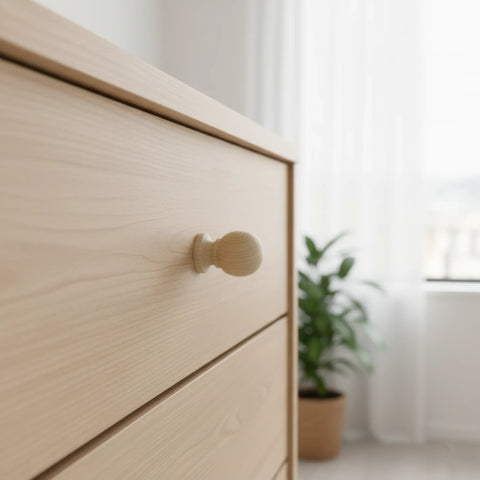 33 mm round oak wooden cabinet knob installed on cabinet door