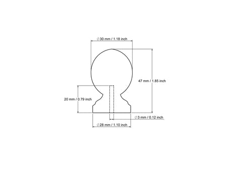 Technical drawing of 28 mm oval wooden cabinet knob