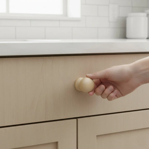 33 mm medium apaļš koka mēbeļu rokturītis installed on cabinet door