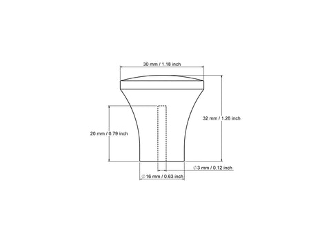 Technical drawing of 16 mm thick wooden cabinet knob