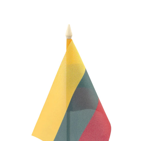 Close-up of upper section of wooden table flag stand