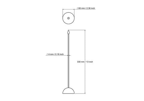 Technical drawing of 33 cm wooden table flag stands with sphere base and carved base