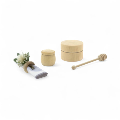 Set of turned wooden products for wedding crafts