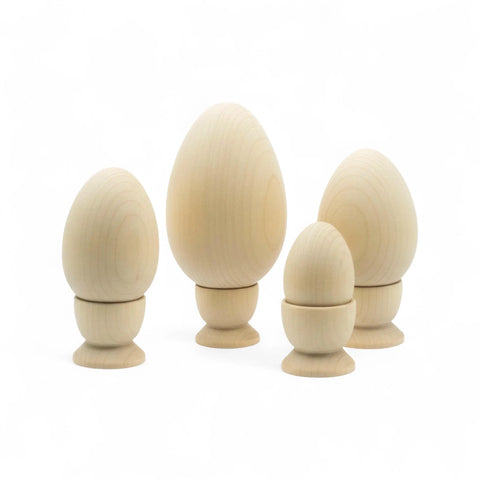 Turned wooden eggs and egg cups